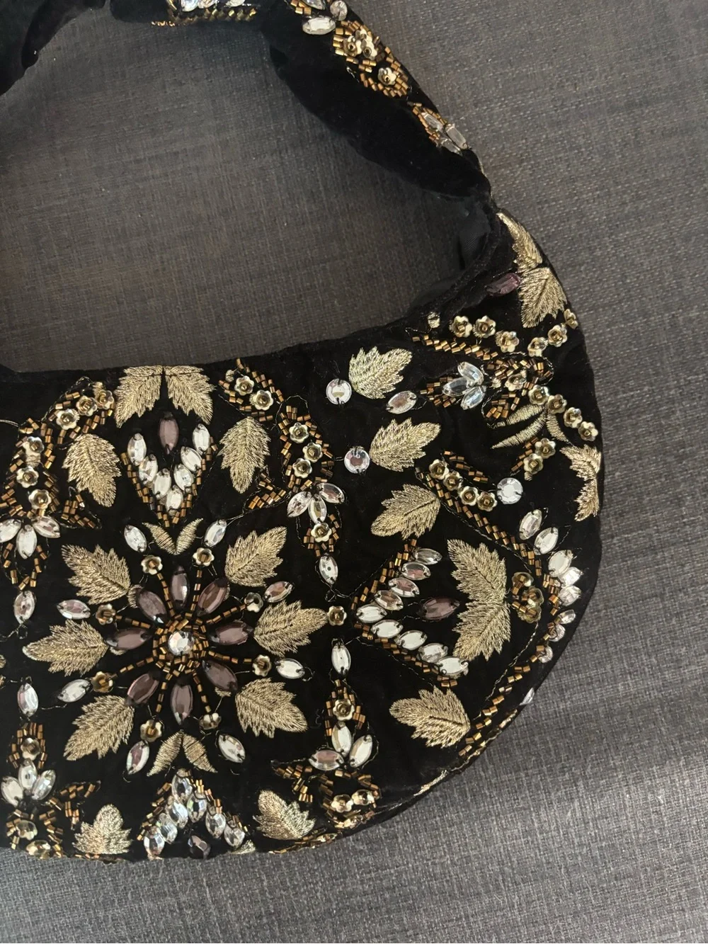 Embellished Black Velvet Shoulder Bag with Gold & Crystal Accents